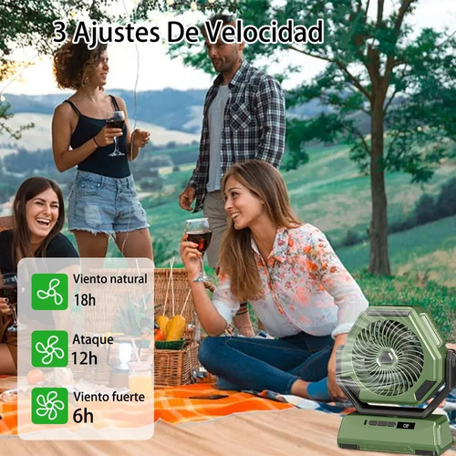 Ventilador De Camping Portátil Recargable Con Luz Led Y Ganc Verde