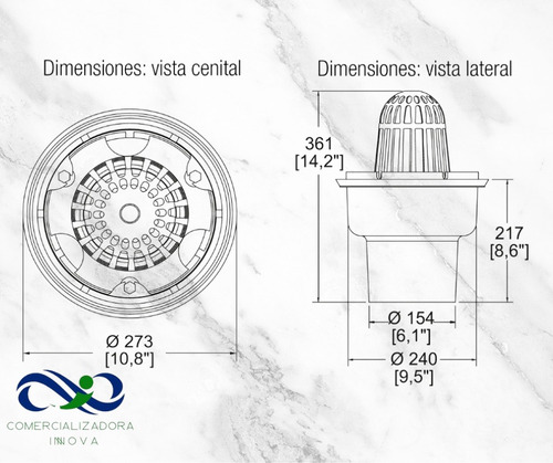 446-x Helvex Coladera Azotea Cúpula Tubo 153mm Retacar 6pulg
