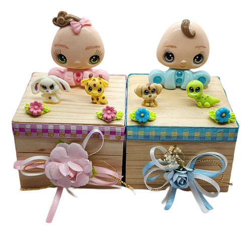 Recuerdo Bautizo Bebe Y Animalitos En Caja De Madera Natural