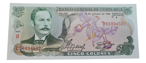 Billetes Mundiales : Costa Rica 5 Colones Año 1989  P-236d 