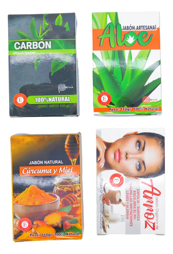 4 Jabón Artesanal (carbón + Cúrcuma-miel + Aloe + Arroz)