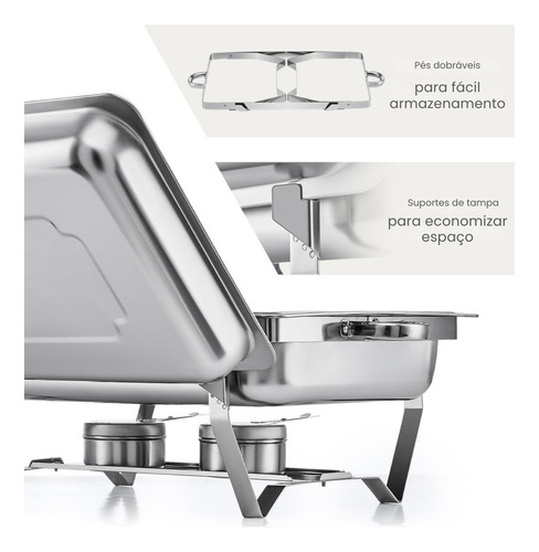 Rechaud Retangular Inox 3 Cubas Gn 1/3 X 65 Mm 9 Litros Buffet Self Service Banho Maria Com Alça E Tampa Removível