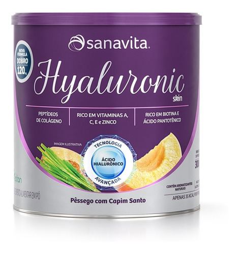 Colágeno Com Ácido Hialurônico Pó Hyaluronic Skin Sanavita Sabor Pêssego Com Capim  Santo - 300g