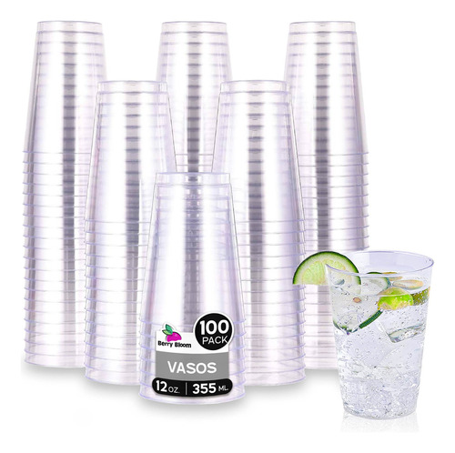 100 Copas de Plástico Berry Bloom Resistente Premium Transparentes Vasos Elegantes Desechables para Fiestas, Bodas, Postre, Cócteles, Vino (12 Onzas)