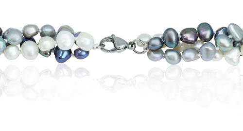 Pulsera 3 Hilos Perla Cultivada Natural Blanco Gris Y Negro Diámetro 15 cm