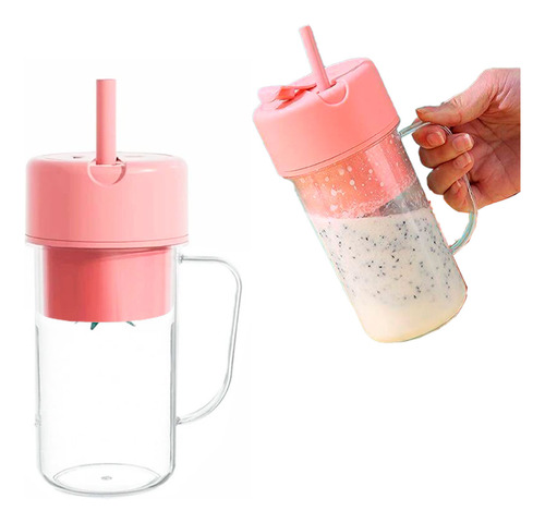 Caneca Mini Liquidificador Portátil C/ 6 Lâminas 420ml Rosa