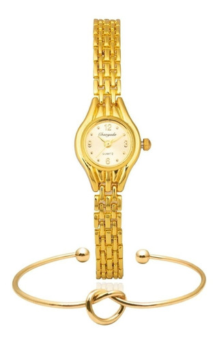 Relógio Dourado Feminino De Pulso Quartz Mini + Bracelete