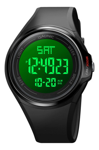 Reloj Pulsera Digital Hombre Gadnic Sumergible 50m Luz Led Malla Negro Bisel Verde Fondo Verde