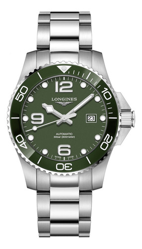 Reloj Longines L3.782.4.06.6 Hydroconquest Automatic, 43 mm, correa plateada, bisel verde, fondo verde