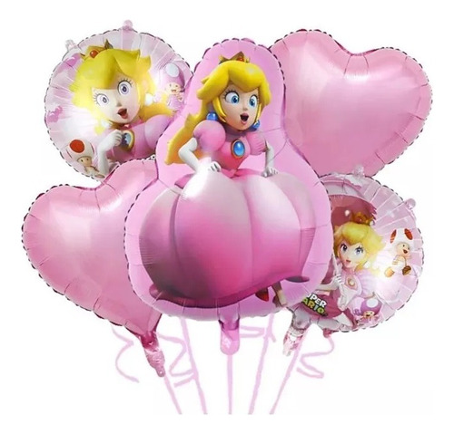 Set 5 Globos Metalizado Princesa Peach Super Mario Bros