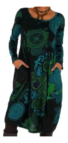 Vestido Estilo Étnico Estampado Con Jersey Otoño E Invierno