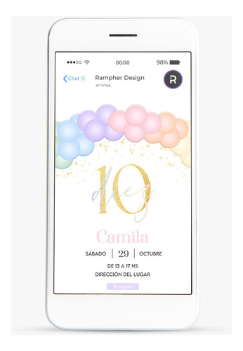 Invitación Digital Tarjeta Virtual Cumpleaños Globos Pastel