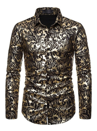 Camisa Negra Estampado Flores Doradas Brillosa Hombre Antro