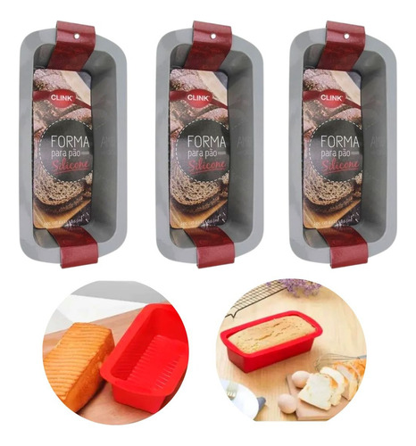 3 Formas Silicone Clink Pão Bolo Inglês 26,5x13 Cm Vermelho Ou Cinza