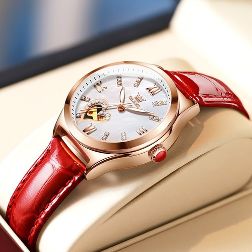 Reloj Mecánico De Cuero Para Mujer Olevs 6636 Color de la correa Rojo