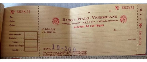 Chequera Banco Italo Venezolano Años 50 Coleccion