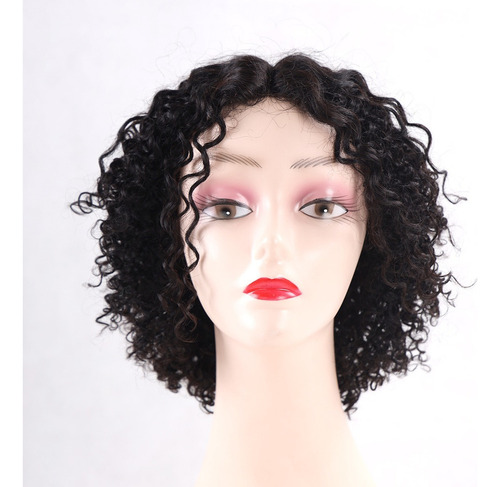 / Peluca Mediana Rizada De Encaje 30cm Pelo Negro Igual