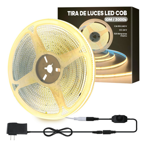 10m Tira Luz Led Cob Flex Interiors Regulador 320leds/m Luz Blanco Cálido