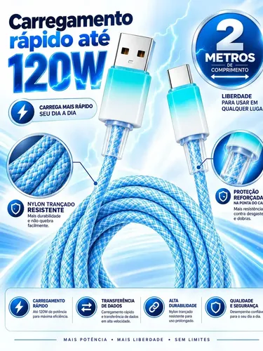 Cabo USB Tipo C de 2m para Celular e Notebook com Carga Rápida de 120W, revestimento náilon trançado, ponta reforçada, resistente ao desgaste e dobras, carregamento seguro e transmissão estável