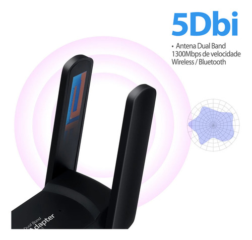 Adaptador Placa Antena Wifi E Bluetooth Usb 3.0 De Rede Dual Band 2.4 E 5ghz 1300mbps Pc Notebook Computador Realtek Chipest