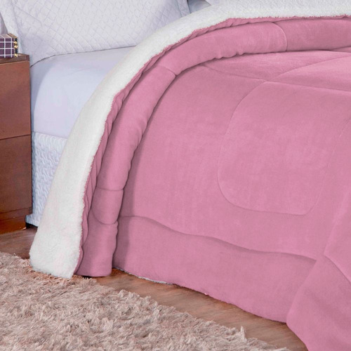 Coberdrom Edredom Queen Pele Alaska Sherpa/manta Dupla Face Cor Rose Desenho Do Tecido Lisa