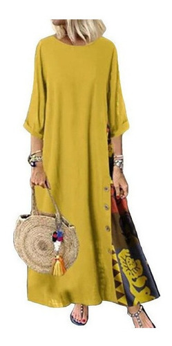 Boho Mujer 3/4 Manga Maxi Vestido Suelto Kaftan Vacaciones V