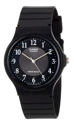 Reloj de pulsera Casio Collection MQ-24 de cuerpo color negro, analógico, fondo negro, con correa de resina color negro, agujas color blanco, dial blanco, minutero/segundero blanco, bisel color negro y hebilla simple