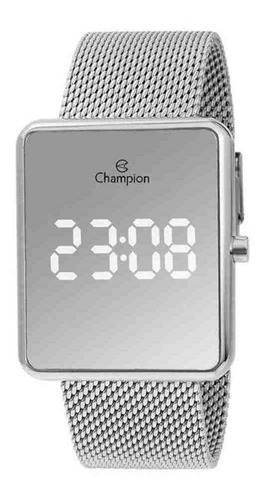 Relógio de pulso Champion CH40080 com corpo prata,  digital, para feminino, fundo  espelhado, com correia de aço cor prata, subdials de cor branco, ponteiro de minutos/segundos branco, bisel cor prata e fivela de gancho