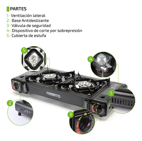 Imagen 6 de 7 de Anafe Portatil 2 Hornallas Quemadores Camping Adaptador Dual