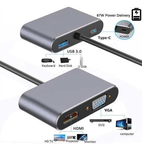 Adaptador Usb Tipo C A Hdmi Vga Convertidor De Vídeo 4k