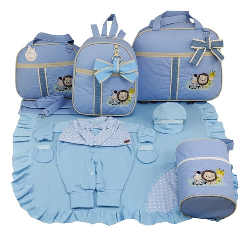 Kit Saída + Bolsa Maternidade 5 Pçs Safari Menino Azul