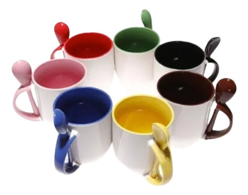 10 Tazas Con Interior, Asa Y Cuchara De Color 11 Onzas