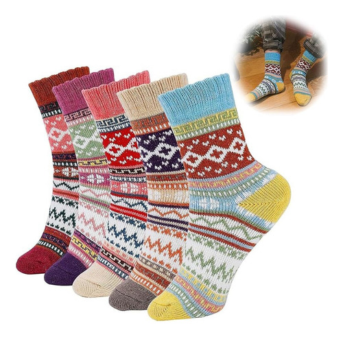 Calcetines Lana Punto Para Mujer, 5 Pares Calcetines De Lana