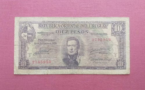 Antiguo Billete Uruguay Diez Pesos Moneda Nacional Serie D (Usado)