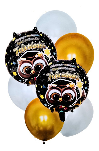 Decoración Globos Graduación Regalo Graduado Kit 7 Pz 30 Cm Negro Búho Graduación 1 Pack 7 Globos
