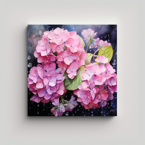 60x60cm Cuadro Abstracto Flores Hortensias Negras Y Rosas