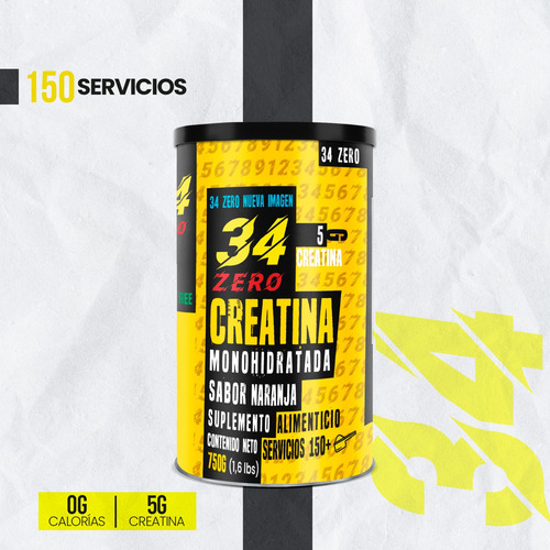 Creatina Monohidratada 750g 34 Zero 150 Servicios Sabores Naranja
