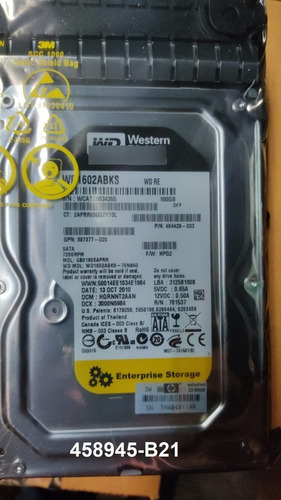 Disco Duro Wd 458945-b21 Para Hp 160 Gb 3g Sata 7,2 K Lff 