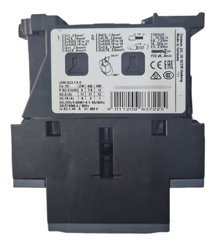 Contactor Siemens 3rt2025-1ag24 No+nc 17a 400v Bobina 110v