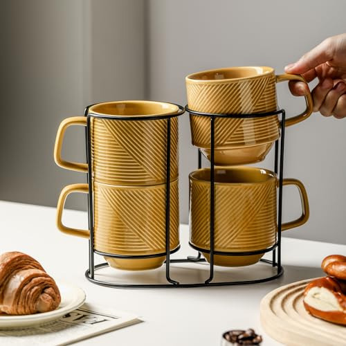 Tazas De Café Apilables Con Estante: Tazas De Cerámica Apila