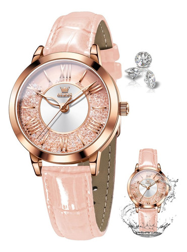 Reloj Olevs/5539 Dorado Para Mujer Con Correa De Cuero Rosa Dorado/rosa Rosa