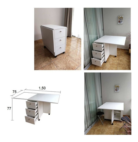 Mesa Plegable Con Cajones Y Ruedas 1,50 X 75 X 77cm De Alt.