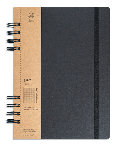 Cuaderno Negro Ecológico A5 (15x21) Anillado 180 H C/ Elást.