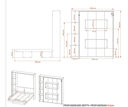 Base De Cama Matrimonial Abatible Con Estantes A22 Almond Color Marrón