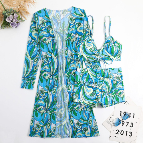 Conjunto De Bikini De 3 Piezas Estampado Retro Bohemio