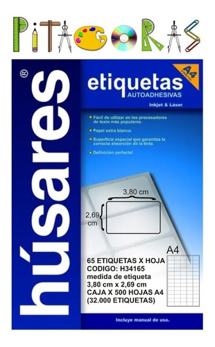 500hojas Etiquetas Autoadhesivas Husares H34165 A4 3,8x2,12