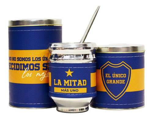 Imagen 4 de 7 de Equipo De Mate Madera Completo Kit Azul Y Oro Lumilagro Set