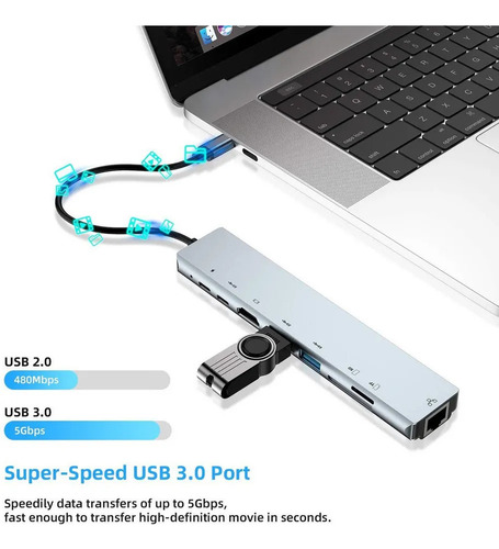 Hub Tipo C S 8 Em 1 Adaptador Usb C Para Hdmi Com Ethernet