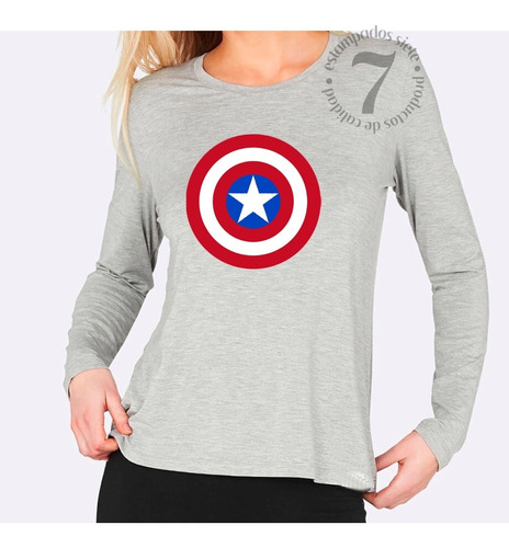 Polera Manga Larga Dama Capitan America Logo Escudo