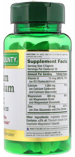 Nature's Bounty, Calcio, Magnesio, Zinc con Vitamina D3, 100 Cápsulas Recubiertas,